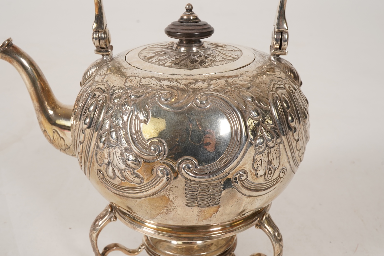 A George I silver tea kettle on stand, with burner by Gabriel Sleath, stand unmarked